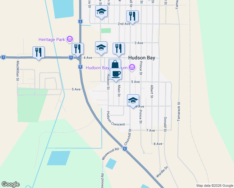 map of restaurants, bars, coffee shops, grocery stores, and more near 613 Main Street in Hudson Bay