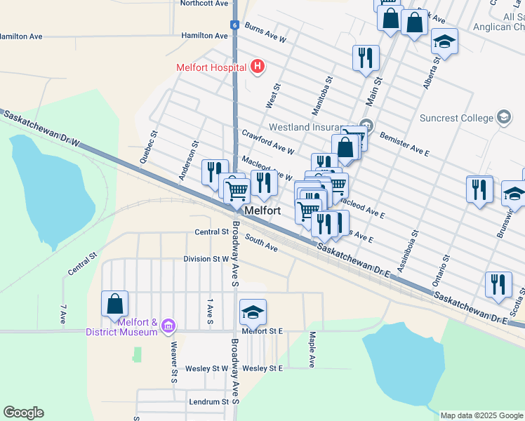 map of restaurants, bars, coffee shops, grocery stores, and more near in Melfort