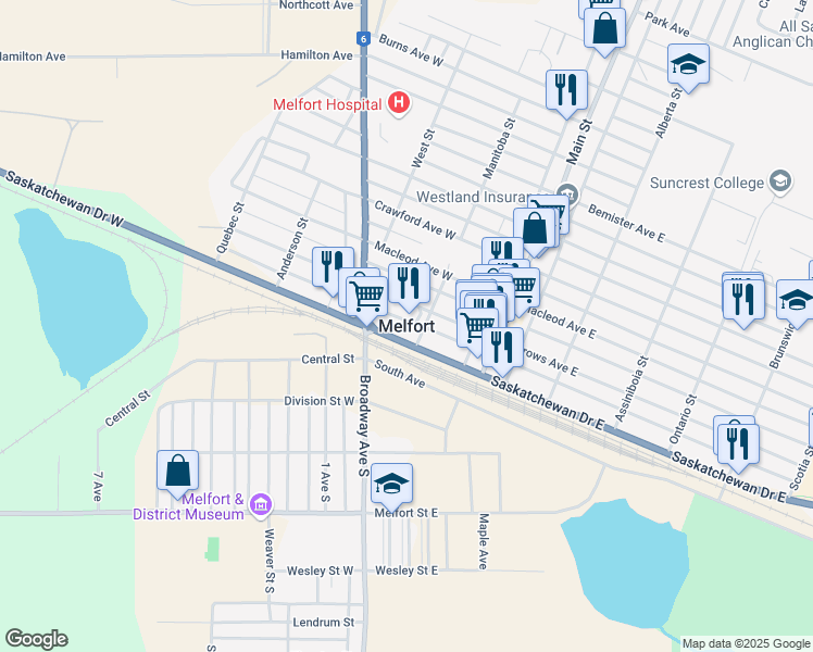 map of restaurants, bars, coffee shops, grocery stores, and more near in Melfort