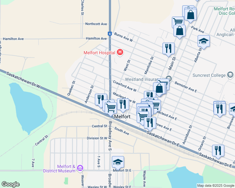 map of restaurants, bars, coffee shops, grocery stores, and more near 220 Macleod Avenue West in Melfort