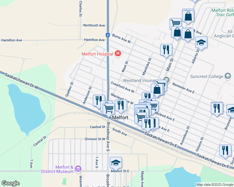map of restaurants, bars, coffee shops, grocery stores, and more near 220 Macleod Avenue West in Melfort