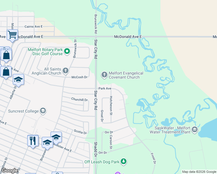 map of restaurants, bars, coffee shops, grocery stores, and more near 512 Park Avenue in Melfort