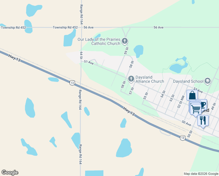 map of restaurants, bars, coffee shops, grocery stores, and more near 5010 58 Street in Daysland