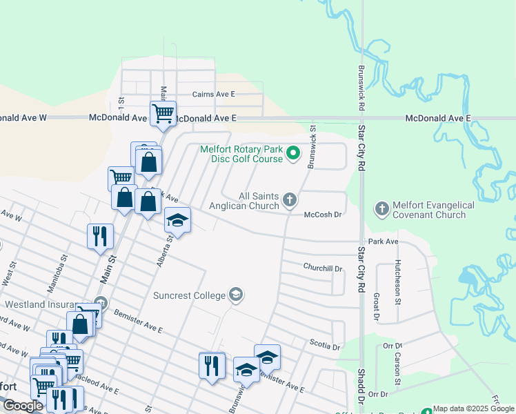 map of restaurants, bars, coffee shops, grocery stores, and more near 114 Caskey Drive in Melfort