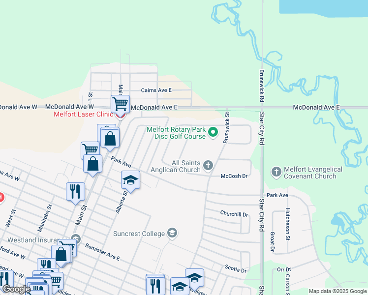 map of restaurants, bars, coffee shops, grocery stores, and more near 111 Lancaster Drive in Melfort
