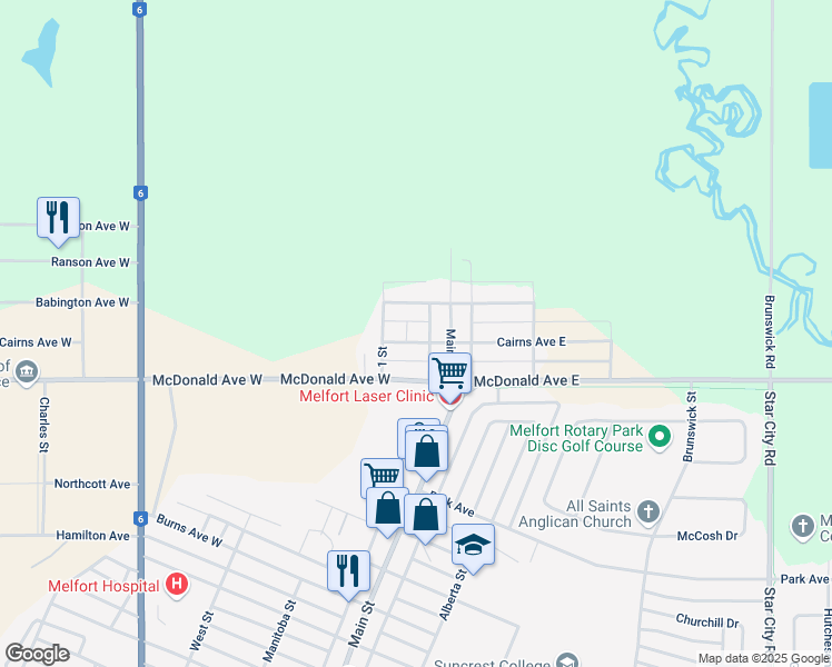 map of restaurants, bars, coffee shops, grocery stores, and more near 118 Cairns Avenue West in Melfort