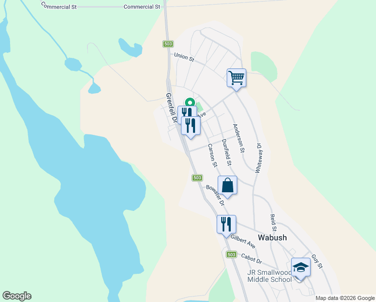 map of restaurants, bars, coffee shops, grocery stores, and more near 9 Grenfell Drive in Wabush