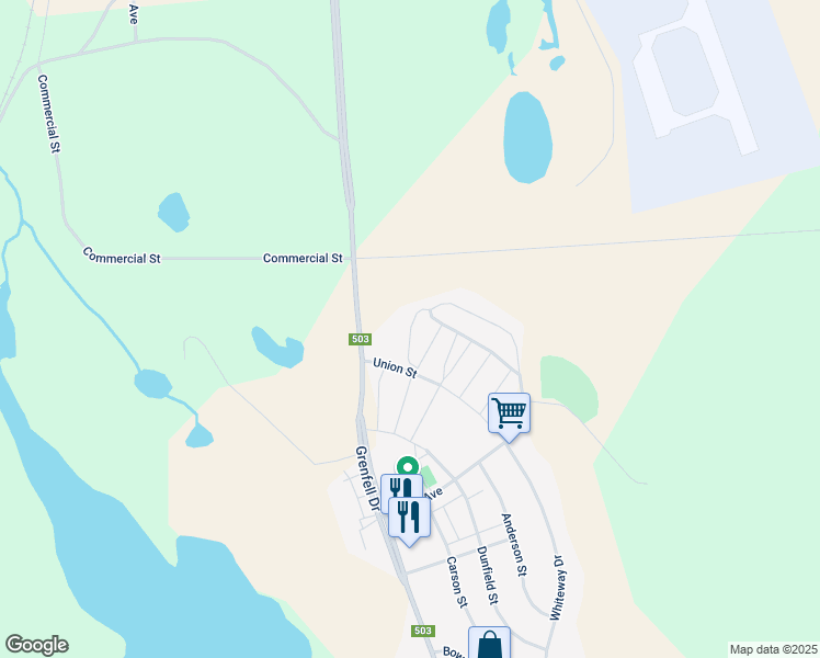 map of restaurants, bars, coffee shops, grocery stores, and more near Dunphy Street in Wabush