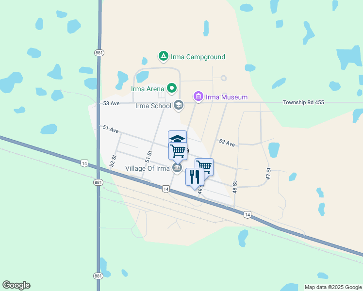 map of restaurants, bars, coffee shops, grocery stores, and more near 5012 51 Avenue in Irma