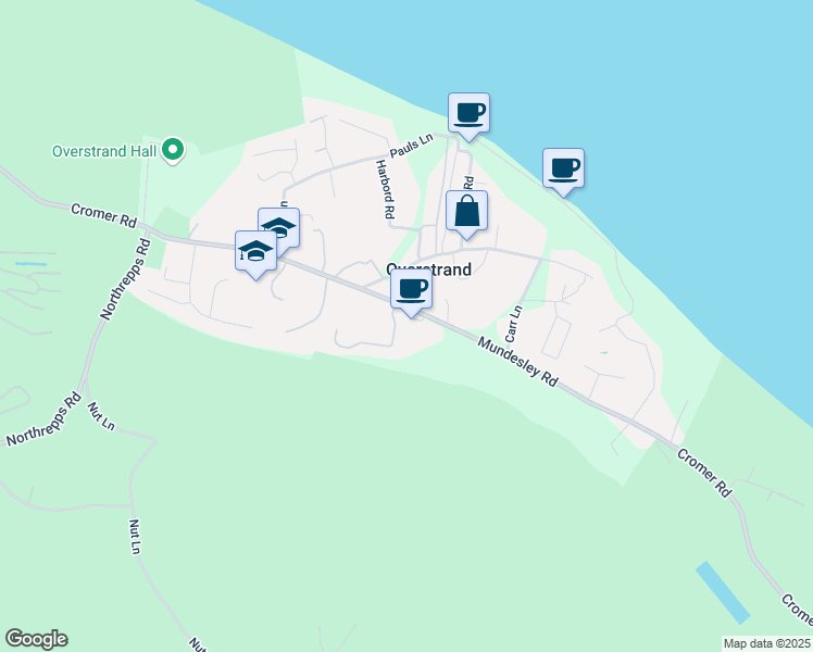 map of restaurants, bars, coffee shops, grocery stores, and more near Mundesley Road in Overstrand
