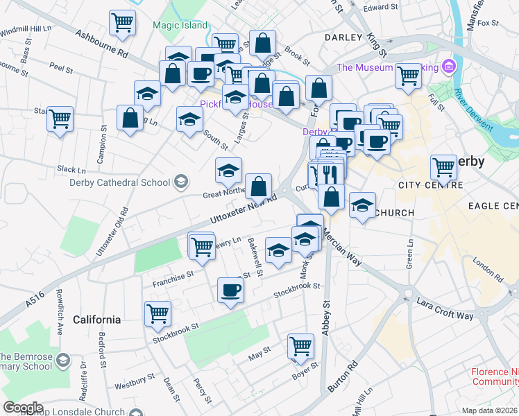 map of restaurants, bars, coffee shops, grocery stores, and more near Uttoxeter New Road in Derby