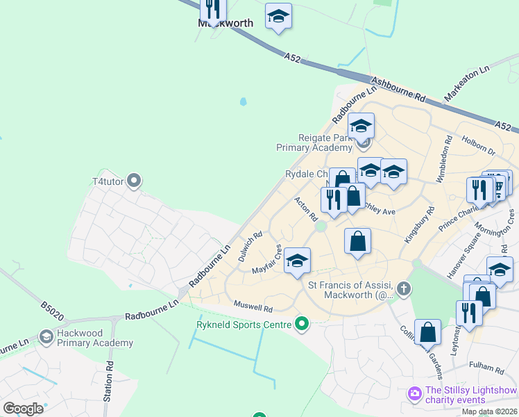 map of restaurants, bars, coffee shops, grocery stores, and more near Radbourne Lane in Derby