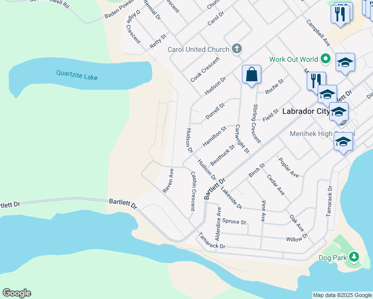 map of restaurants, bars, coffee shops, grocery stores, and more near 855 Hudson Drive in Labrador City