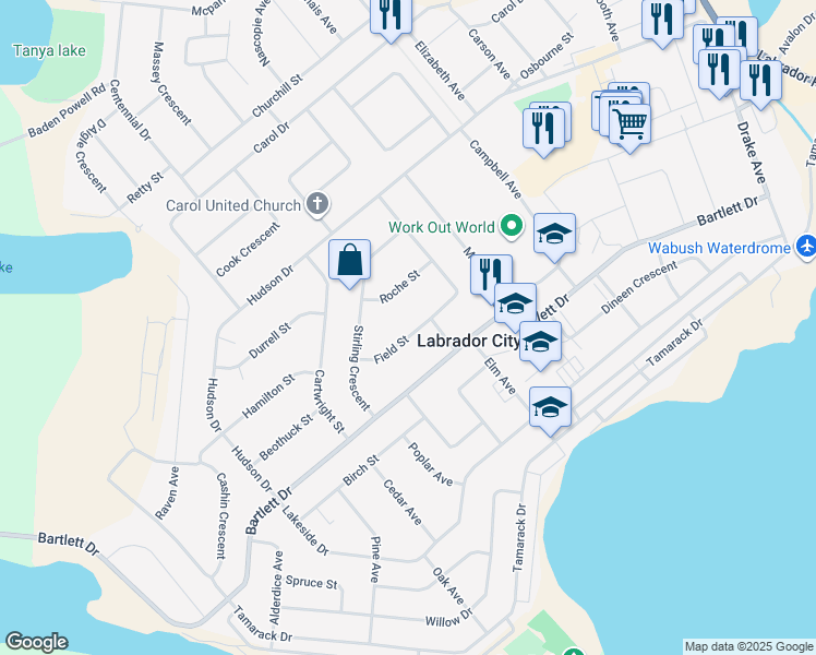 map of restaurants, bars, coffee shops, grocery stores, and more near 719 Field Street in Labrador City