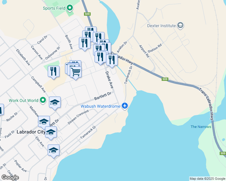 map of restaurants, bars, coffee shops, grocery stores, and more near 91 Drake Avenue in Labrador City