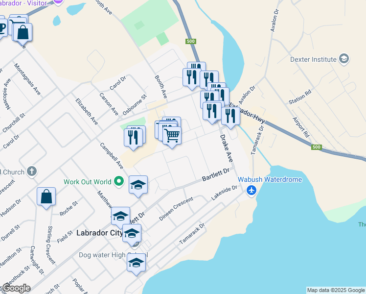 map of restaurants, bars, coffee shops, grocery stores, and more near 250 Avalon Drive in Labrador City