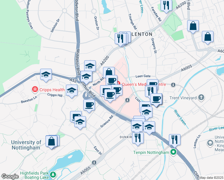 map of restaurants, bars, coffee shops, grocery stores, and more near Derby Road in Nottinghamshire