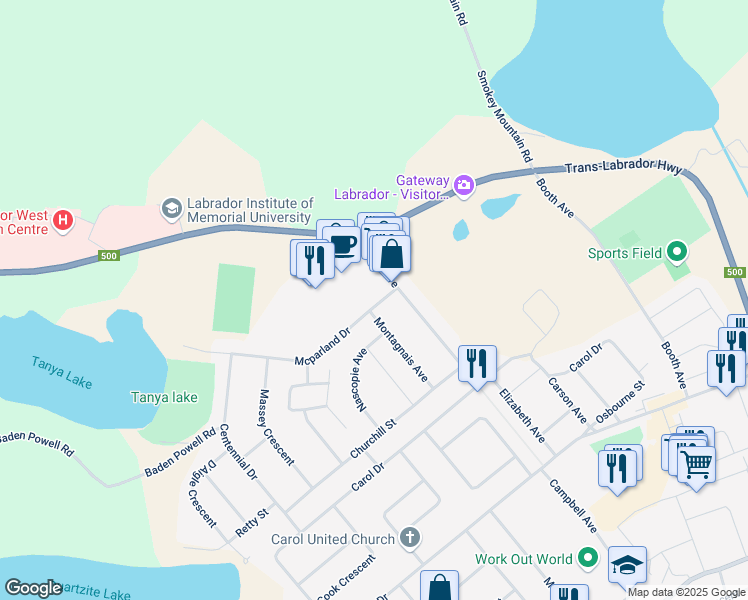 map of restaurants, bars, coffee shops, grocery stores, and more near 607 Mcparland Drive in Labrador City