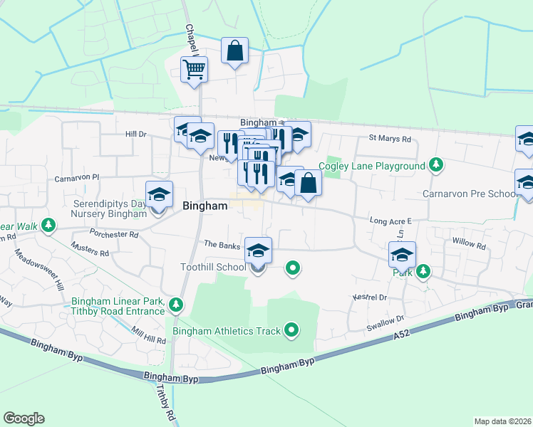 map of restaurants, bars, coffee shops, grocery stores, and more near 5 Fisher Lane in Bingham
