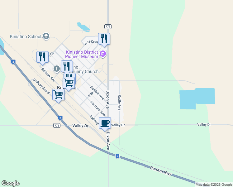 map of restaurants, bars, coffee shops, grocery stores, and more near 319 Ruttle Avenue in Kinistino