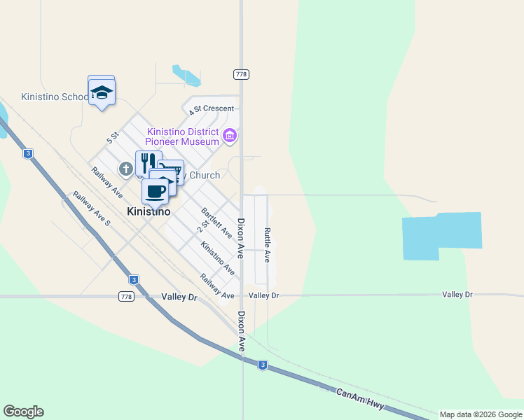 map of restaurants, bars, coffee shops, grocery stores, and more near 319 Ruttle Avenue in Kinistino