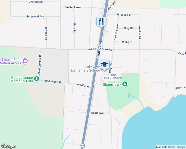 map of restaurants, bars, coffee shops, grocery stores, and more near Jade Road in Quesnel