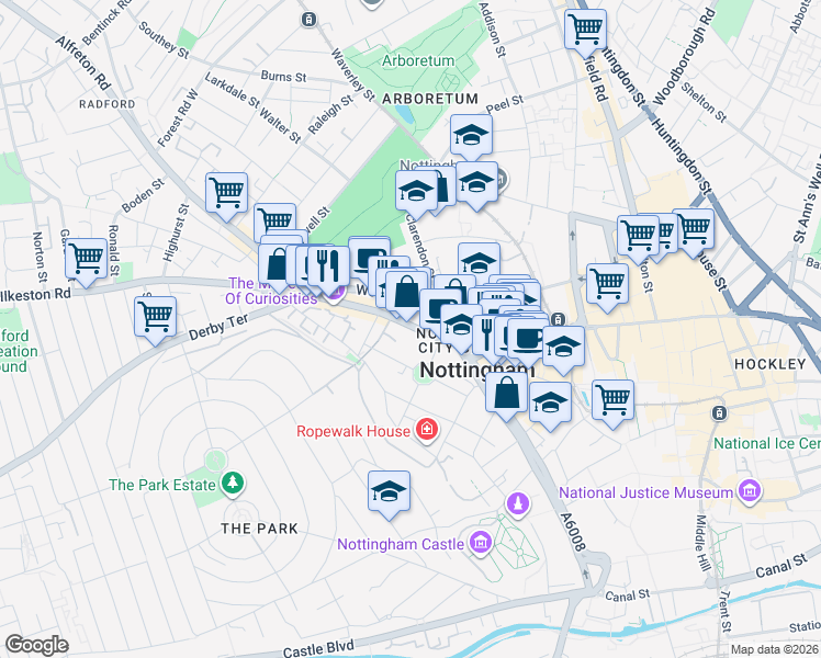 map of restaurants, bars, coffee shops, grocery stores, and more near in Nottingham