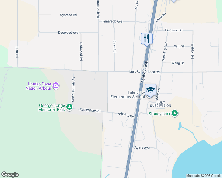 map of restaurants, bars, coffee shops, grocery stores, and more near 1472 Arbutus Road in Quesnel