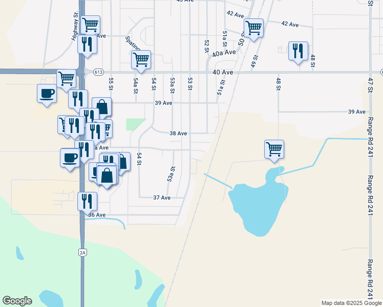 map of restaurants, bars, coffee shops, grocery stores, and more near 5216 37A Avenue in Wetaskiwin