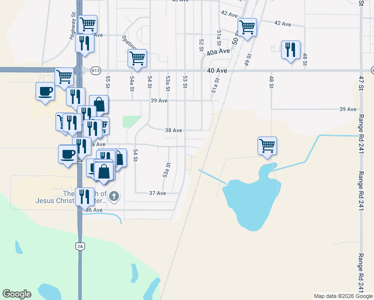 map of restaurants, bars, coffee shops, grocery stores, and more near 5216 37A Avenue in Wetaskiwin
