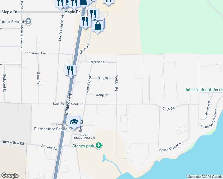 map of restaurants, bars, coffee shops, grocery stores, and more near 2482 Wong Street in Quesnel