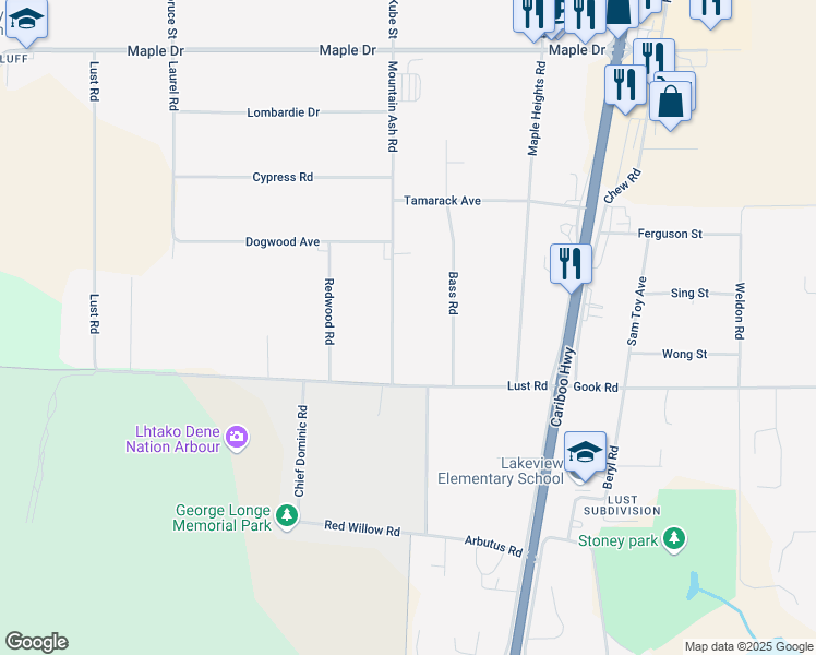 map of restaurants, bars, coffee shops, grocery stores, and more near 1316 Mountain Ash Road in Quesnel