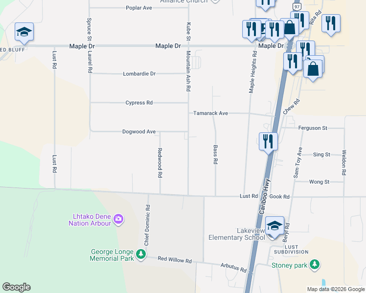 map of restaurants, bars, coffee shops, grocery stores, and more near in Quesnel