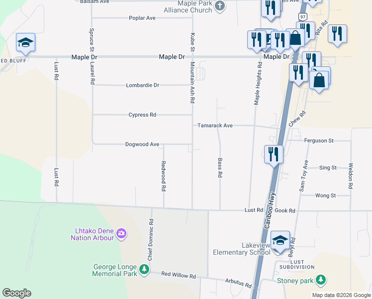map of restaurants, bars, coffee shops, grocery stores, and more near 1981 Dogwood Avenue in Quesnel