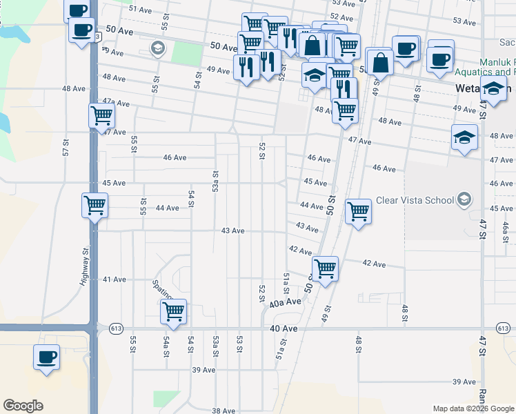 map of restaurants, bars, coffee shops, grocery stores, and more near 4322 52 Street in Wetaskiwin