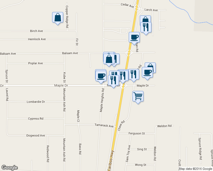 map of restaurants, bars, coffee shops, grocery stores, and more near 2213 Maple Drive in Quesnel