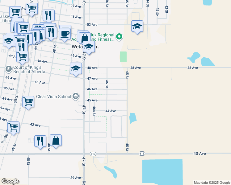 map of restaurants, bars, coffee shops, grocery stores, and more near 4513 46 Avenue in Wetaskiwin