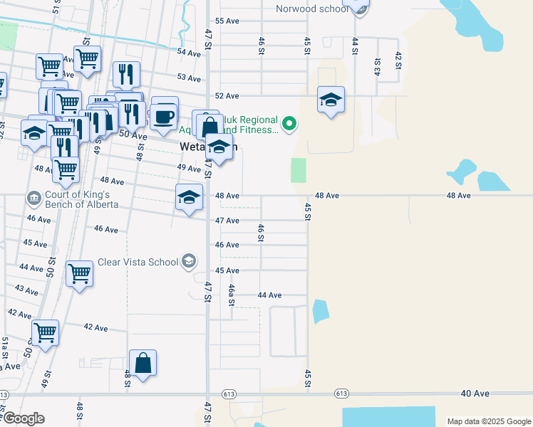 map of restaurants, bars, coffee shops, grocery stores, and more near 4522 47 Avenue in Wetaskiwin