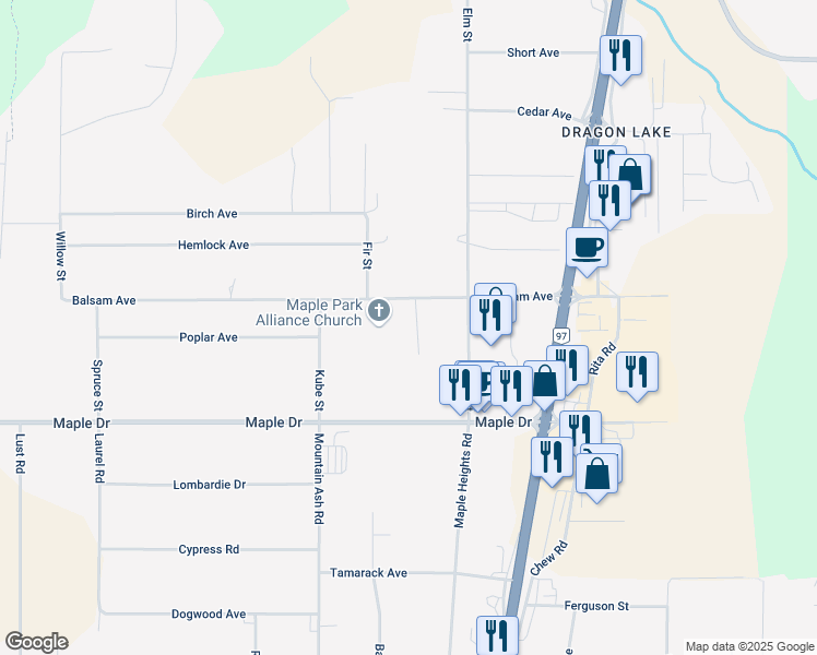 map of restaurants, bars, coffee shops, grocery stores, and more near 2121 Balsam Avenue in Quesnel
