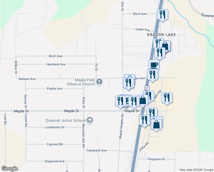 map of restaurants, bars, coffee shops, grocery stores, and more near 2121 Balsam Avenue in Quesnel