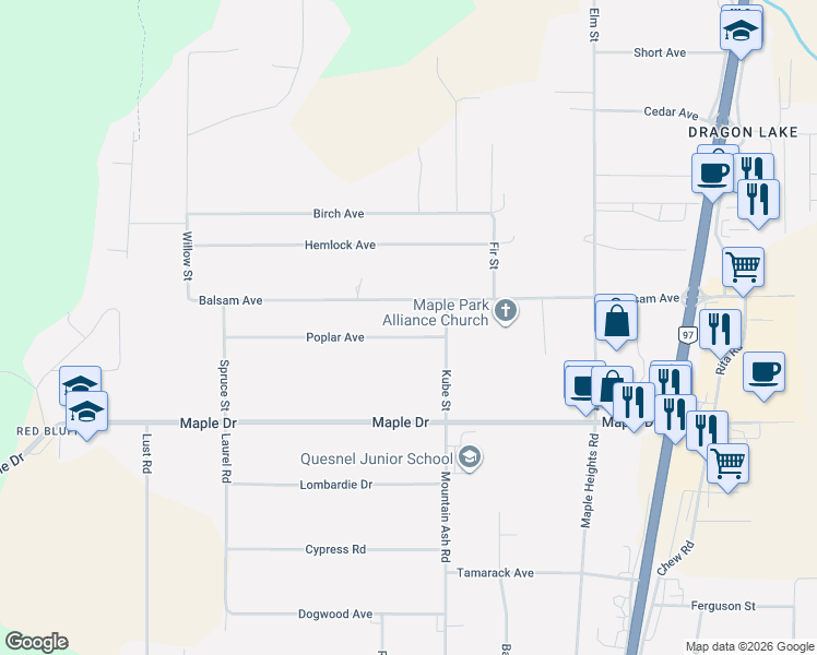 map of restaurants, bars, coffee shops, grocery stores, and more near 1944 Poplar Avenue in Quesnel