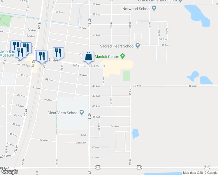 map of restaurants, bars, coffee shops, grocery stores, and more near 4522 47 Avenue in Wetaskiwin