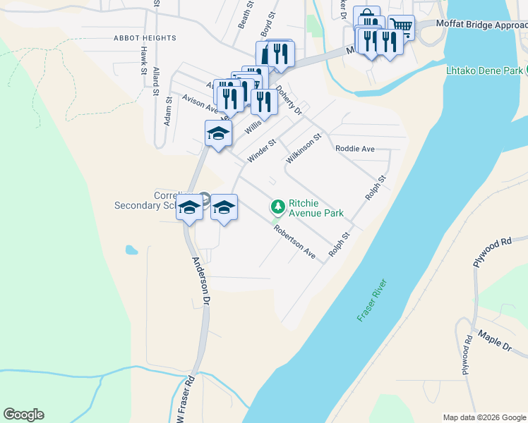 map of restaurants, bars, coffee shops, grocery stores, and more near 437 Robertson Avenue in Quesnel