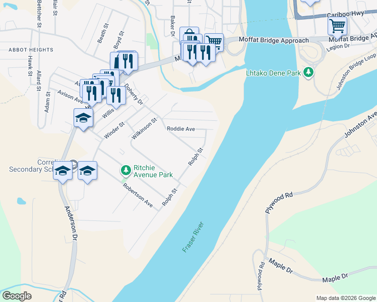 map of restaurants, bars, coffee shops, grocery stores, and more near 280 Roddie Avenue in Quesnel