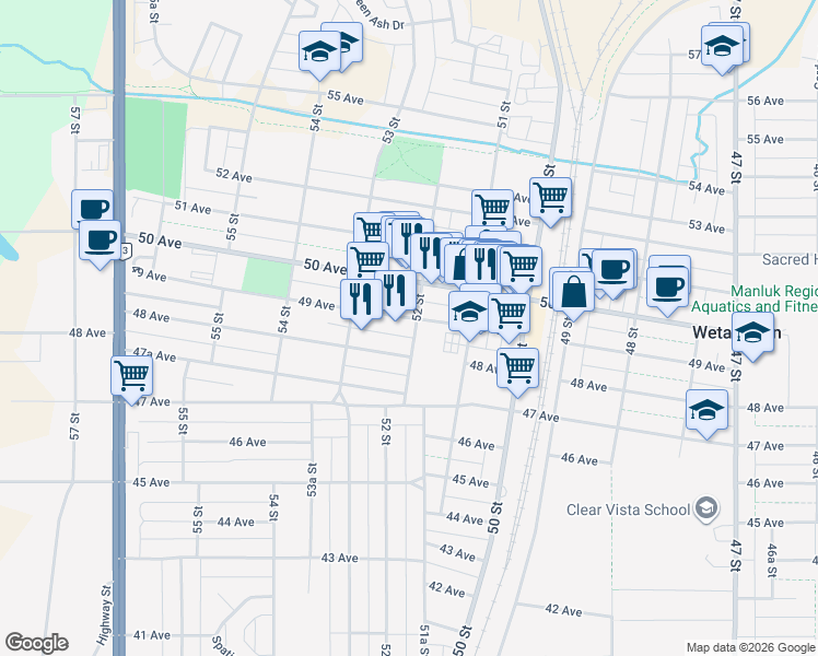 map of restaurants, bars, coffee shops, grocery stores, and more near 4904 52 Street in Wetaskiwin