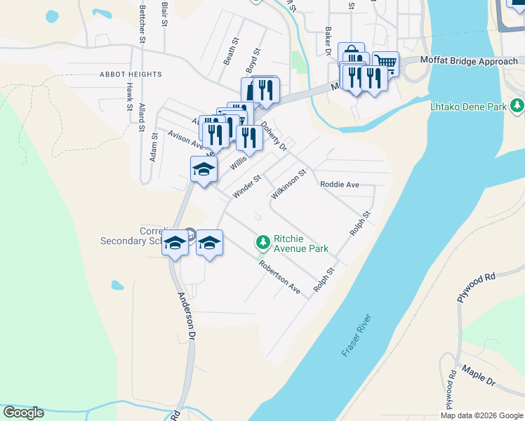 map of restaurants, bars, coffee shops, grocery stores, and more near 398 Roddis Drive in Quesnel
