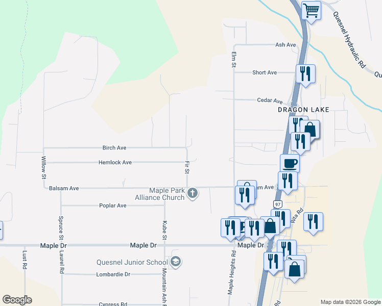 map of restaurants, bars, coffee shops, grocery stores, and more near 602 Fir Street in Quesnel