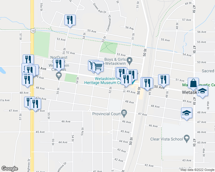map of restaurants, bars, coffee shops, grocery stores, and more near 4904 52 Street in Wetaskiwin