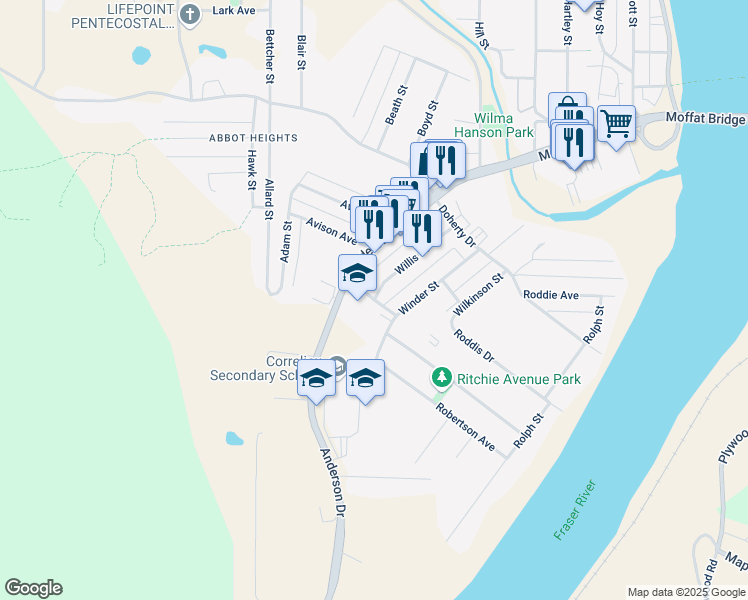 map of restaurants, bars, coffee shops, grocery stores, and more near Wade Avenue in Quesnel