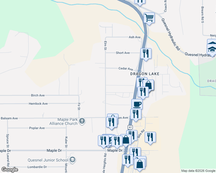 map of restaurants, bars, coffee shops, grocery stores, and more near 562 Elm Street in Quesnel